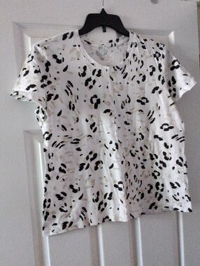 White Short Sleeve Tee with Black and Cream Animal Print